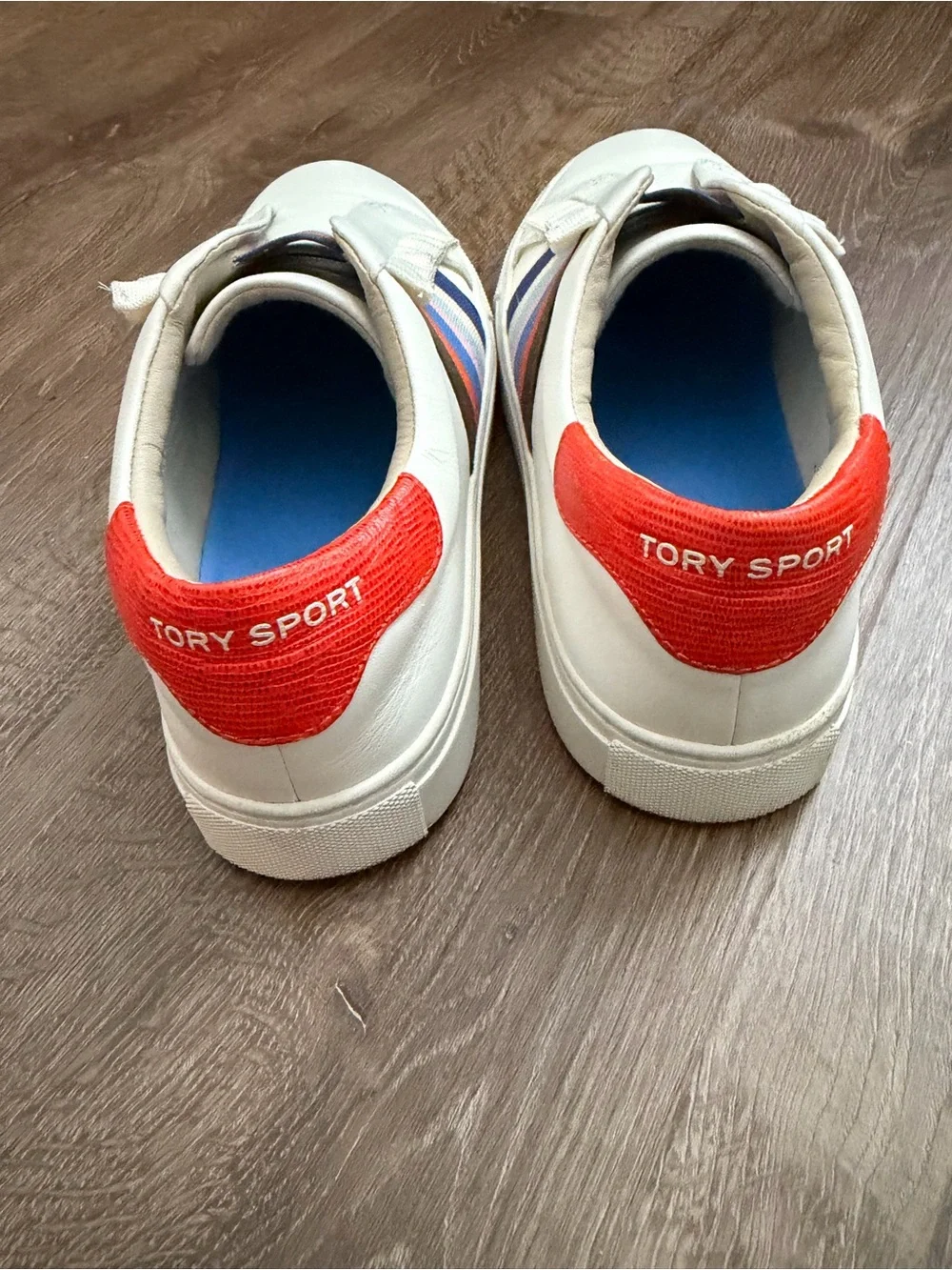 Tory Burch White Leather Slip-On Sneakers with Multicolor Stripe Detail